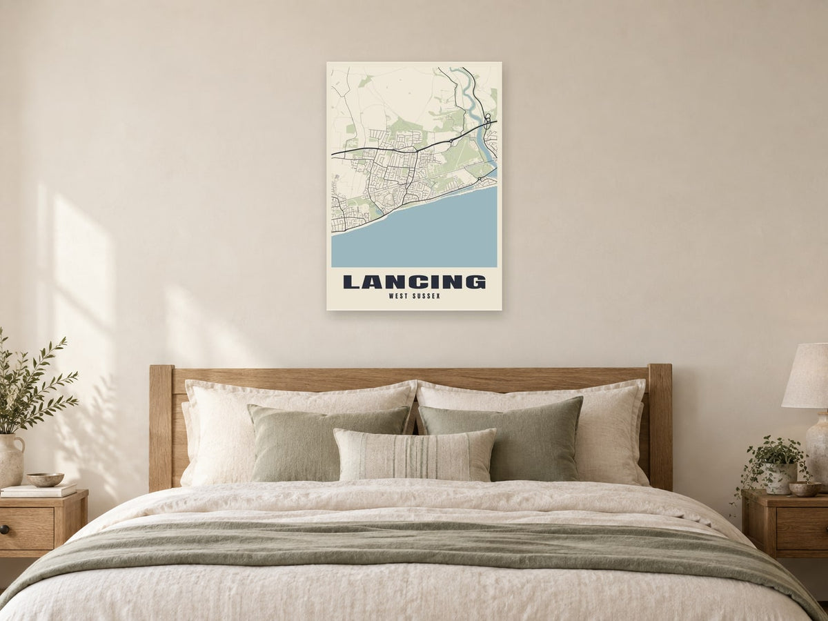 Lancing Street Map Poster at A1, as a poster, above a bed