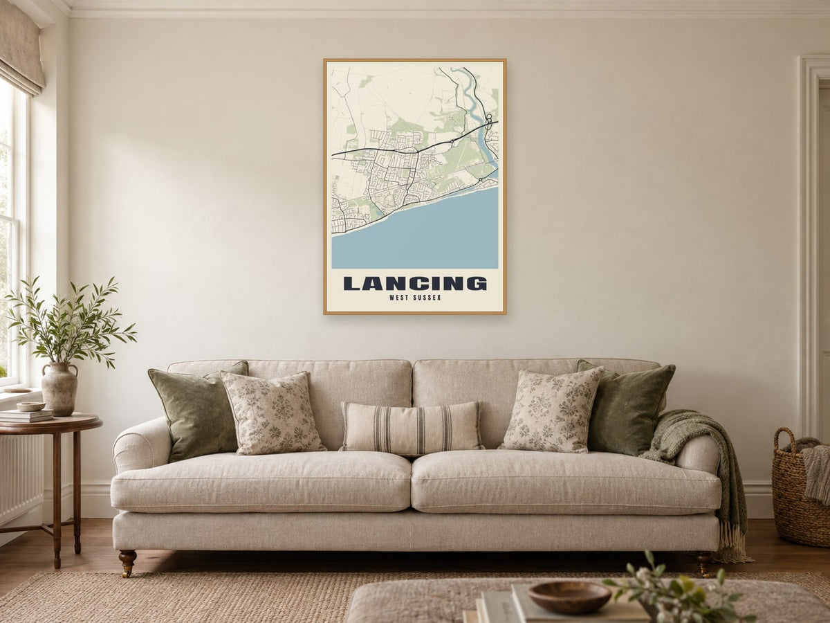Lancing Street Map Poster at A1, in a natural wood frame, in a sitting room