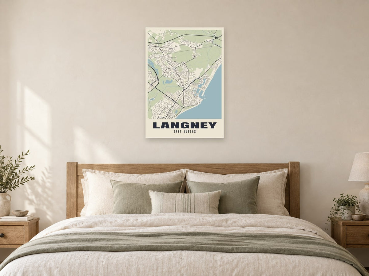 Langney Street Map Poster at A1, as a poster, above a bed