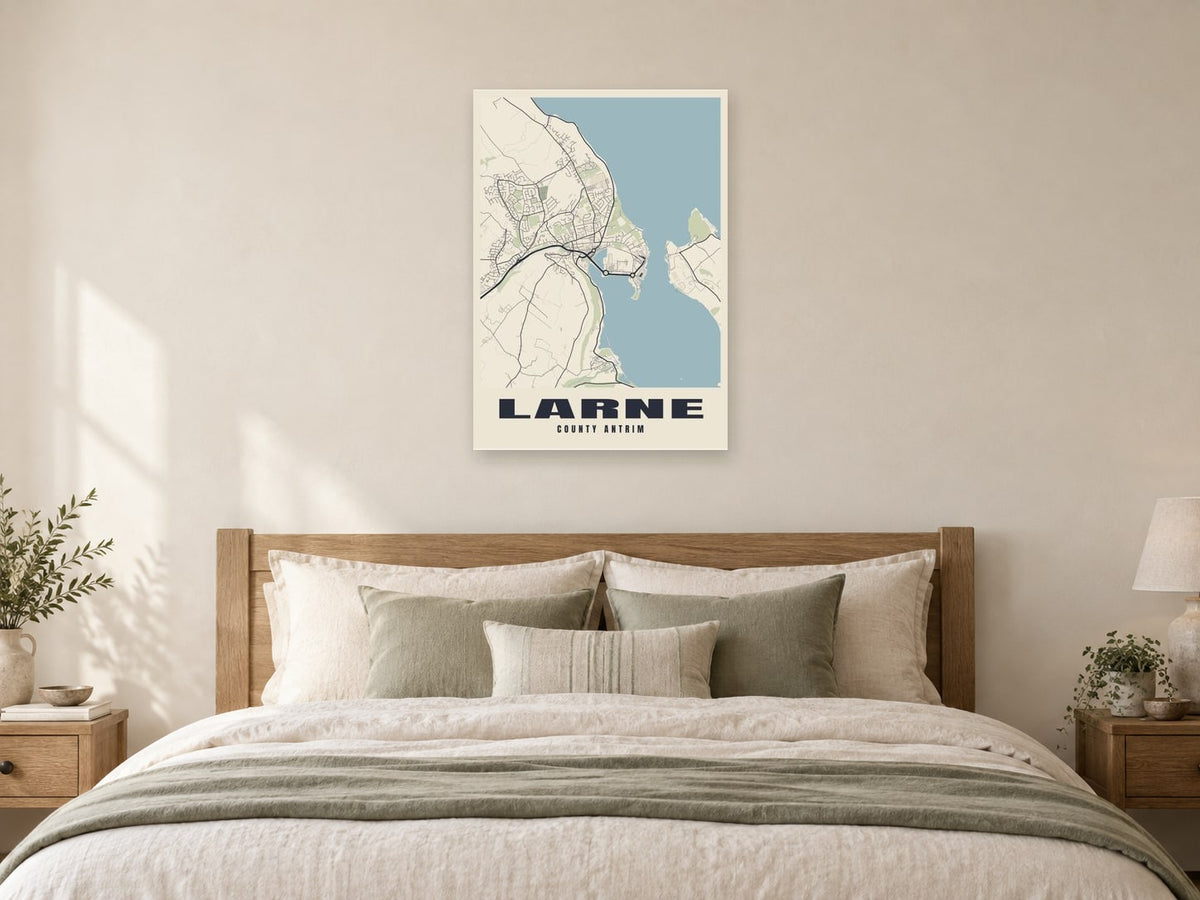 Larne Street Map Poster at A1, as a poster, above a bed