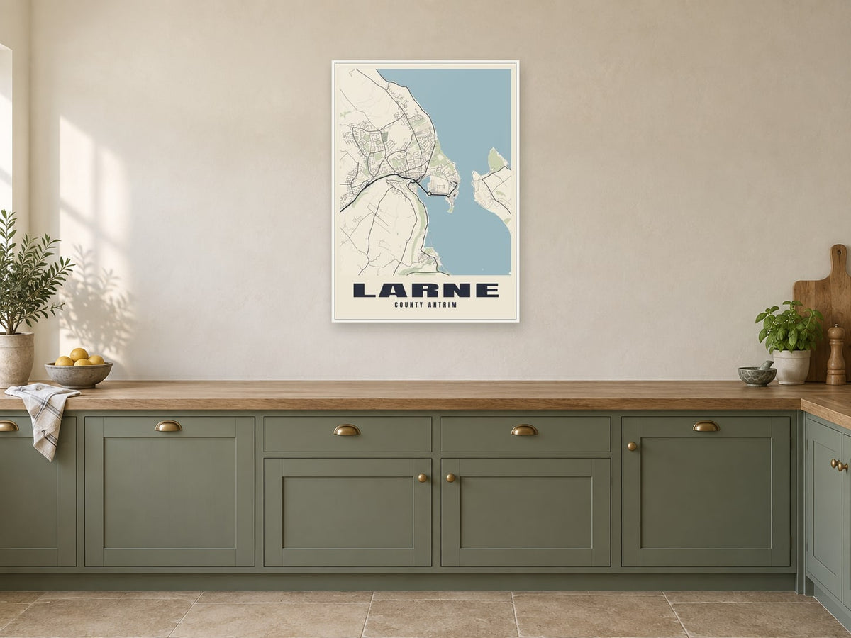 Larne Street Map Poster at A1, in a white frame, in a kitchen