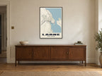 Larne Street Map Poster at A1, in a black frame, above a sideboard
