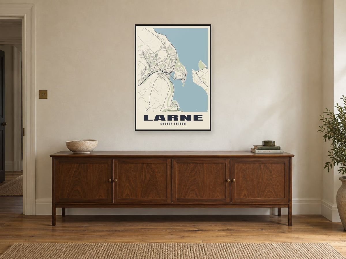 Larne Street Map Poster at A1, in a black frame, above a sideboard
