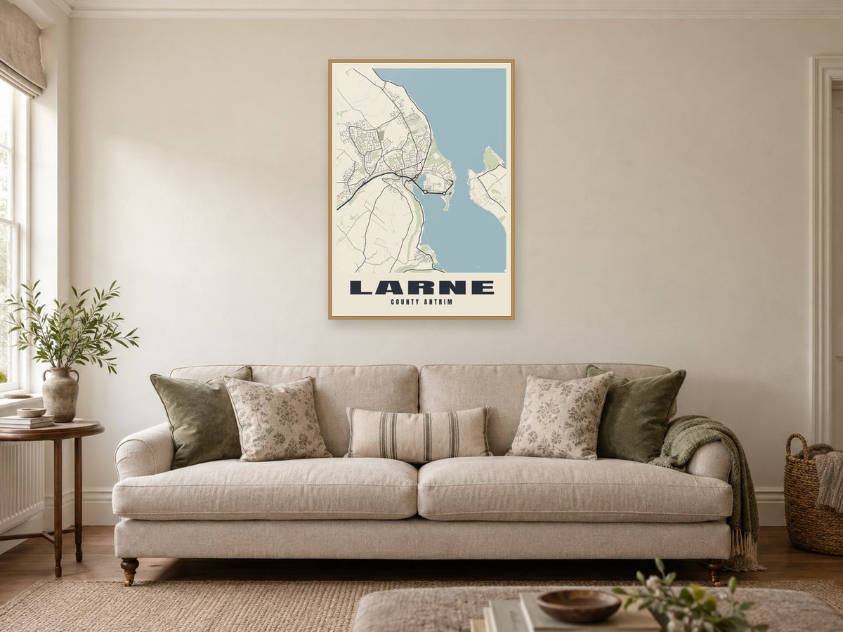 Larne Street Map Poster at A1, in a natural wood frame, in a sitting room
