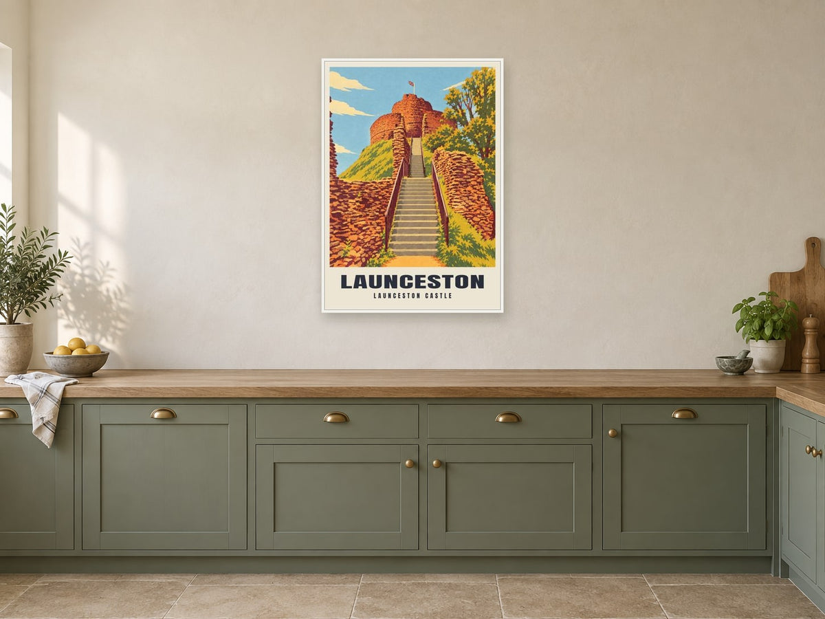 Launceston Castle Poster at A1, in a white frame, in a kitchen