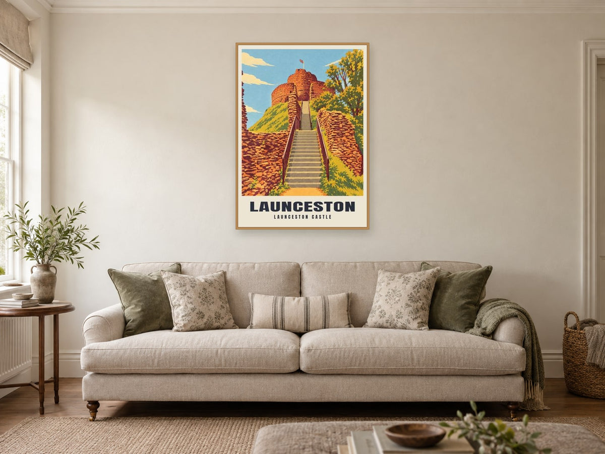Launceston Castle Poster at A1, in a natural wood frame, in a sitting room