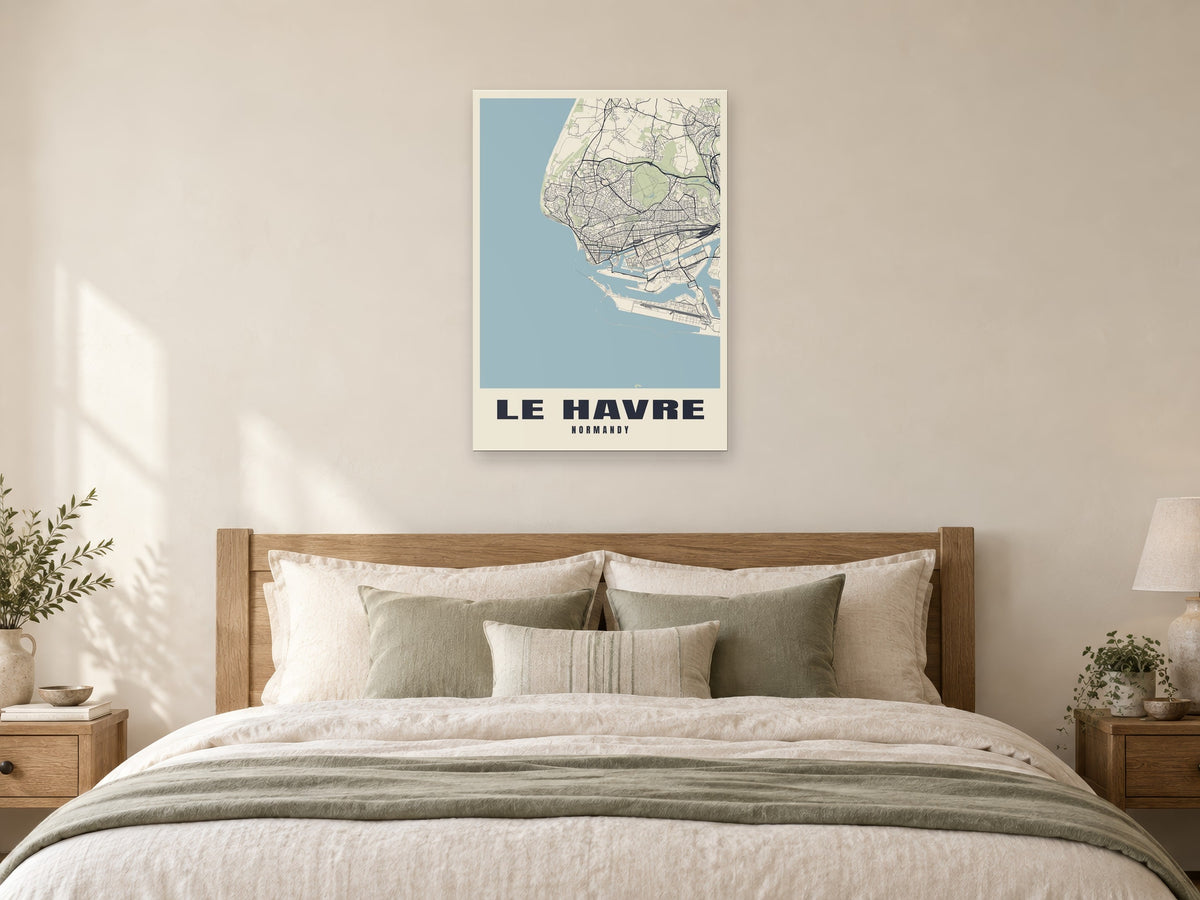 Le Havre Street Map Poster at A1, as a poster, above a bed