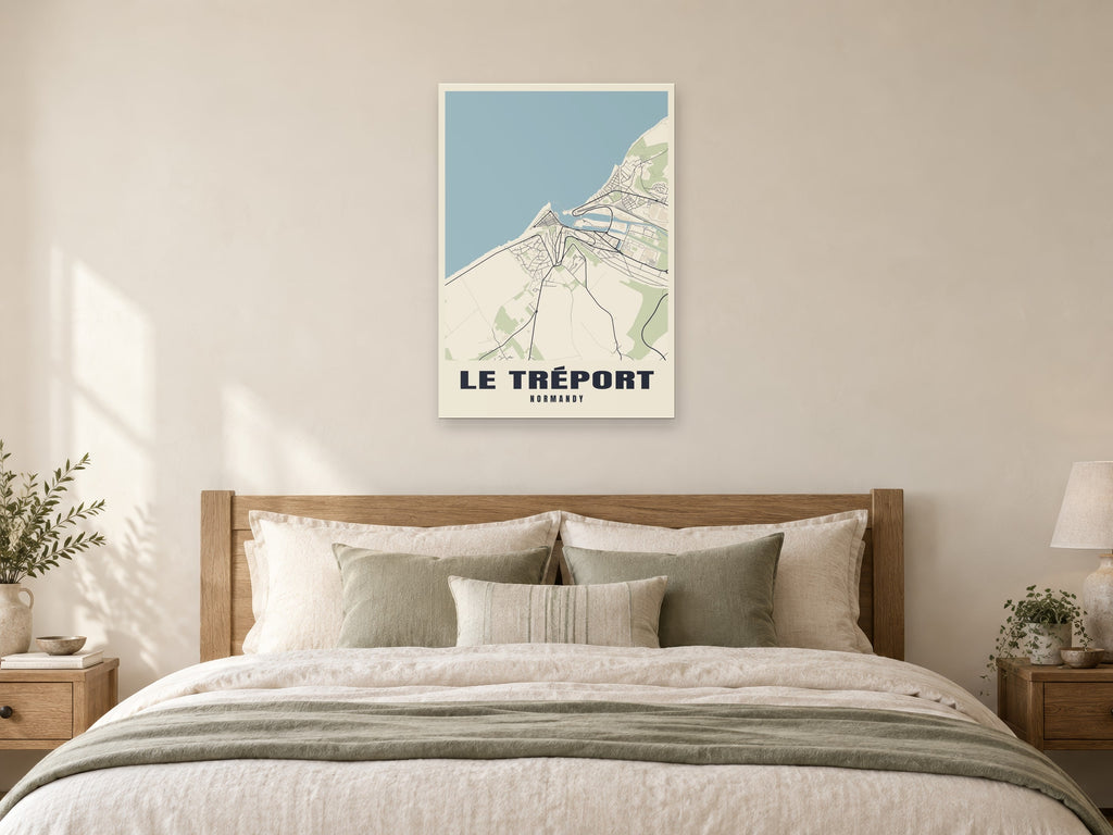 Le Tréport Street Map Poster at A1, as a poster, above a bed