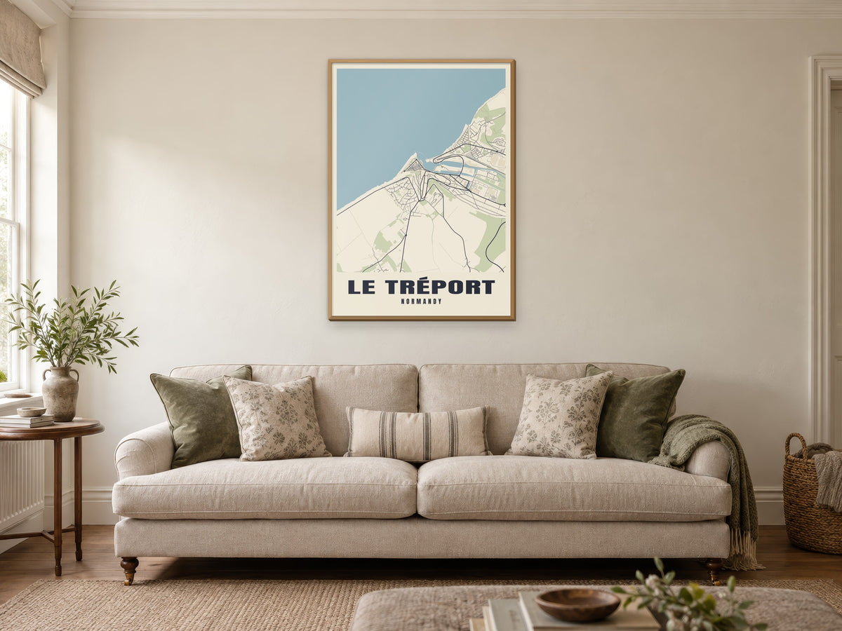 Le Tréport Street Map Poster at A1, in a natural wood frame, in a sitting room