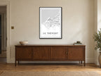 Le Tréport Village Centre Street Map Poster at A1, in a black frame, above a sideboard