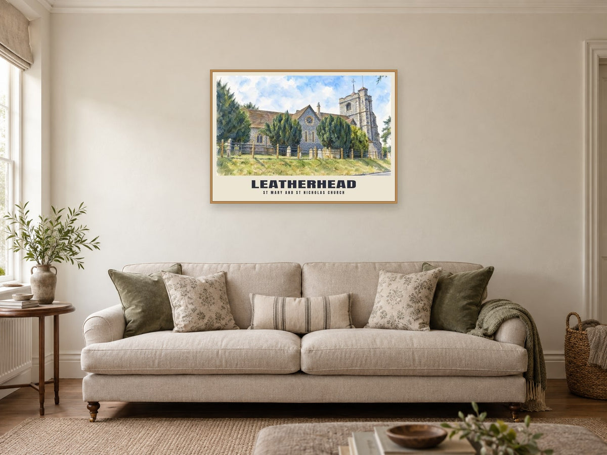 St Mary and St Nicholas Church, Leatherhead Poster at A1, in a natural wood frame, in a sitting room