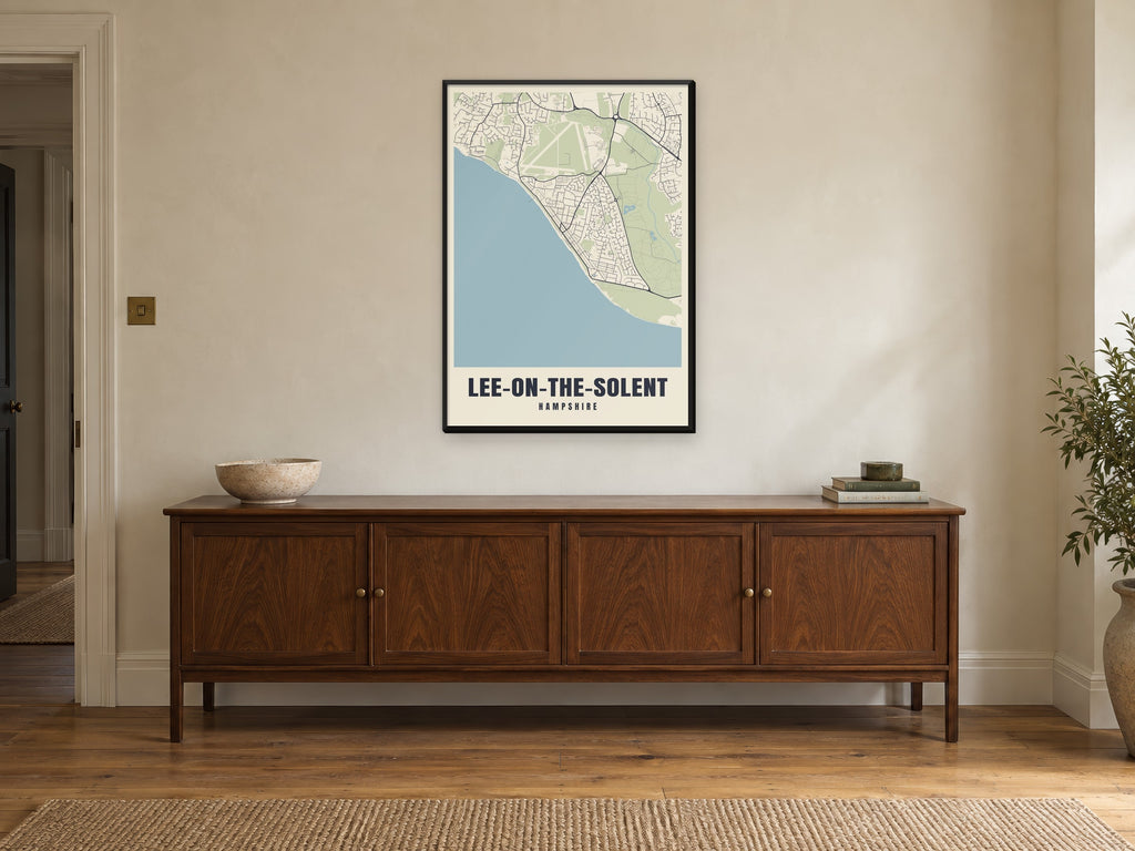 Lee-on-the-Solent Street Map Poster at A1, in a black frame, above a sideboard