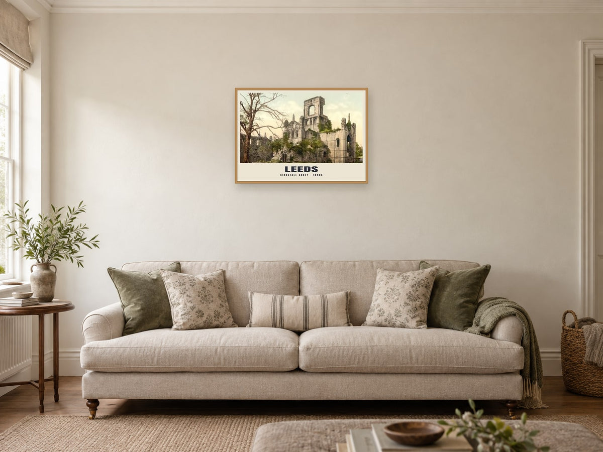 Kirkstall Abbey, Leeds, 1890s Heritage Print at A2, in a natural wood frame, in a sitting room