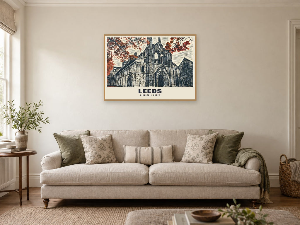 Kirkstall Abbey, Leeds Poster at A1, in a natural wood frame, in a sitting room