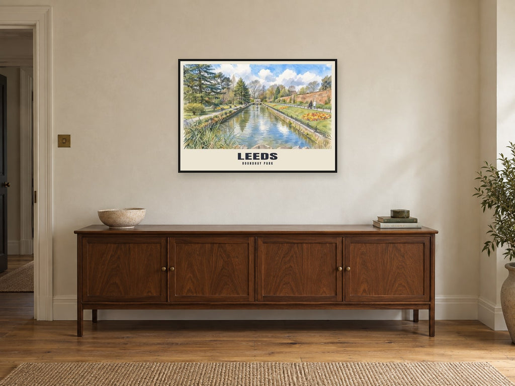 Roundhay Park, Leeds Poster at A1, in a black frame, above a sideboard
