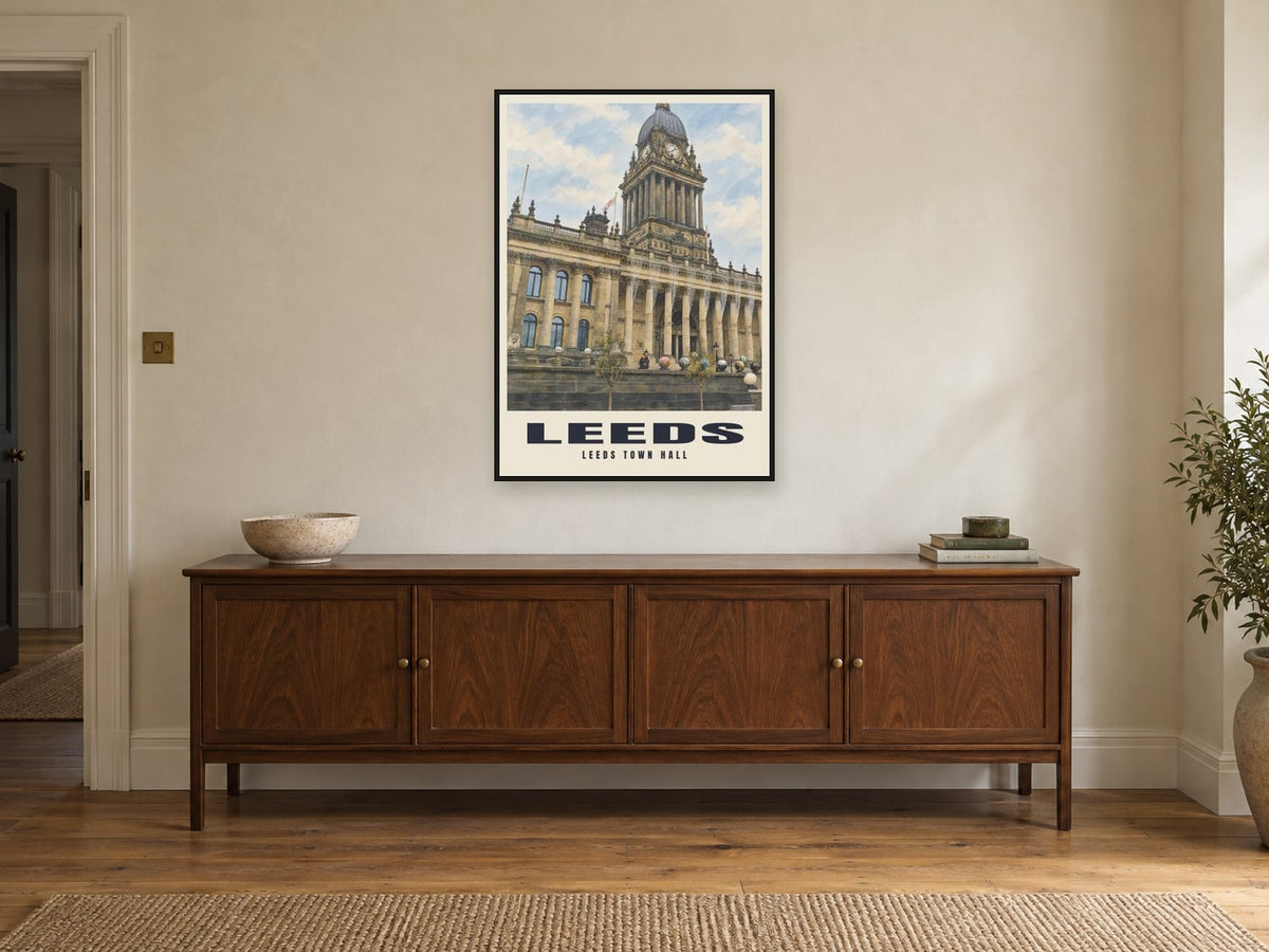 Leeds Town Hall Poster at A1, in a black frame, above a sideboard