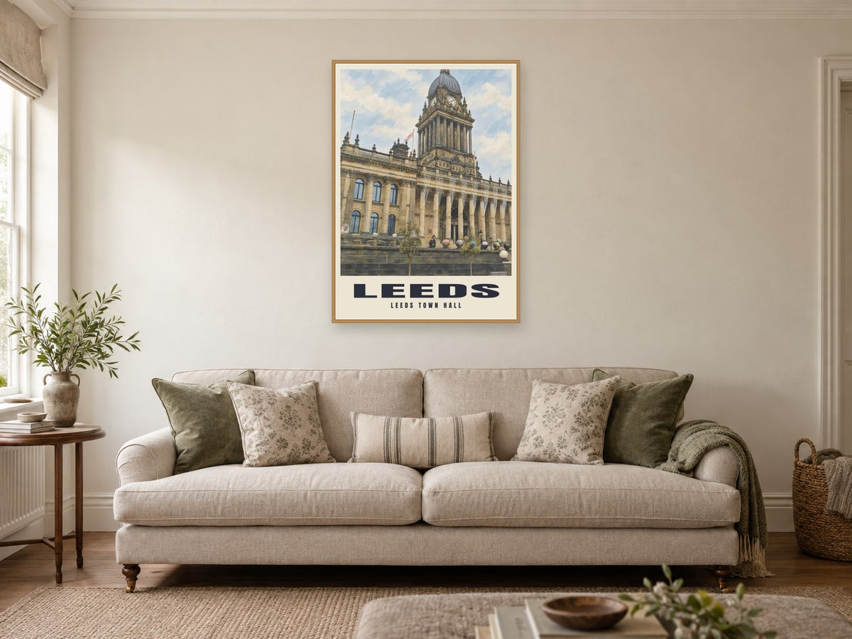 Leeds Town Hall Poster at A1, in a natural wood frame, in a sitting room