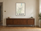 Leek Street Map Poster at A1, in a black frame, above a sideboard