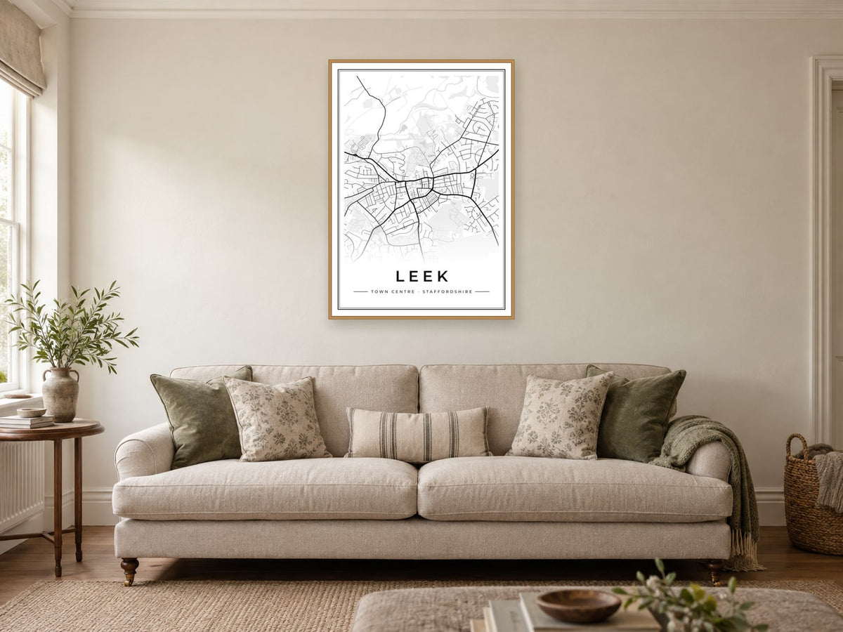 Leek Town Centre Street Map Poster at A1, in a natural wood frame, in a sitting room