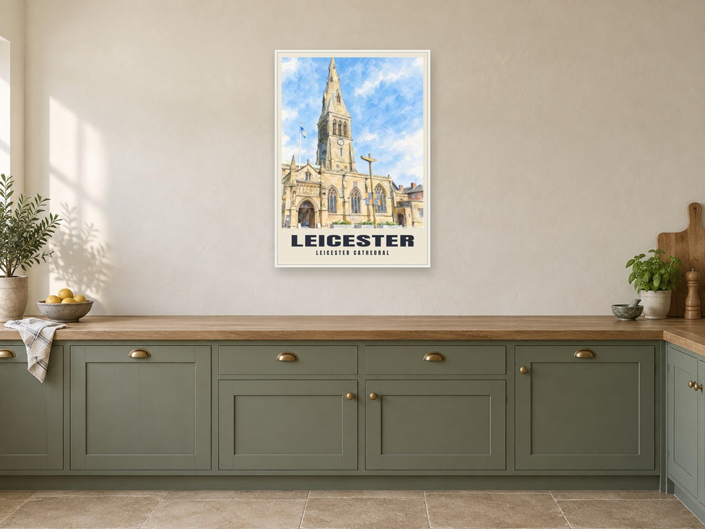 Leicester Cathedral Poster at A1, in a white frame, in a kitchen