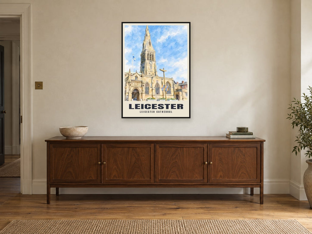 Leicester Cathedral Poster at A1, in a black frame, above a sideboard