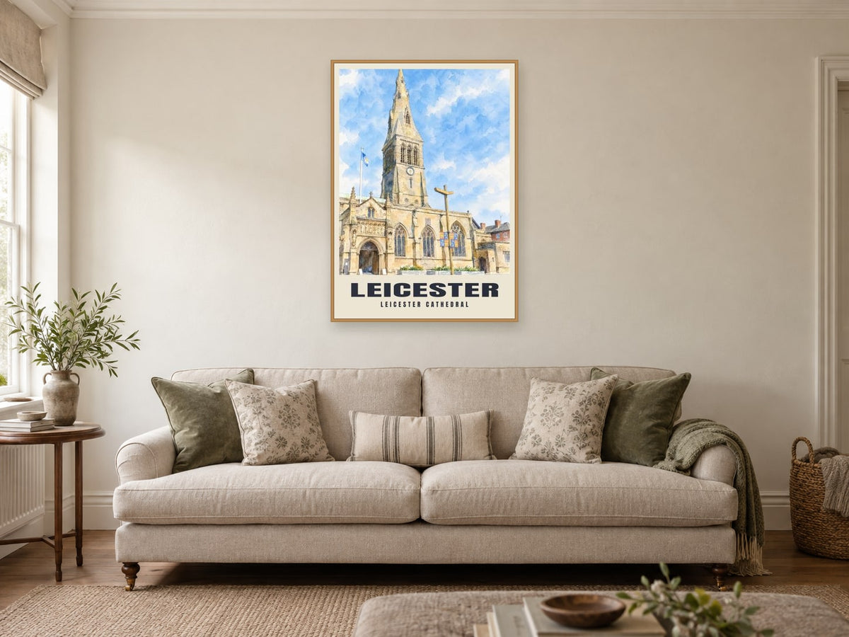 Leicester Cathedral Poster at A1, in a natural wood frame, in a sitting room