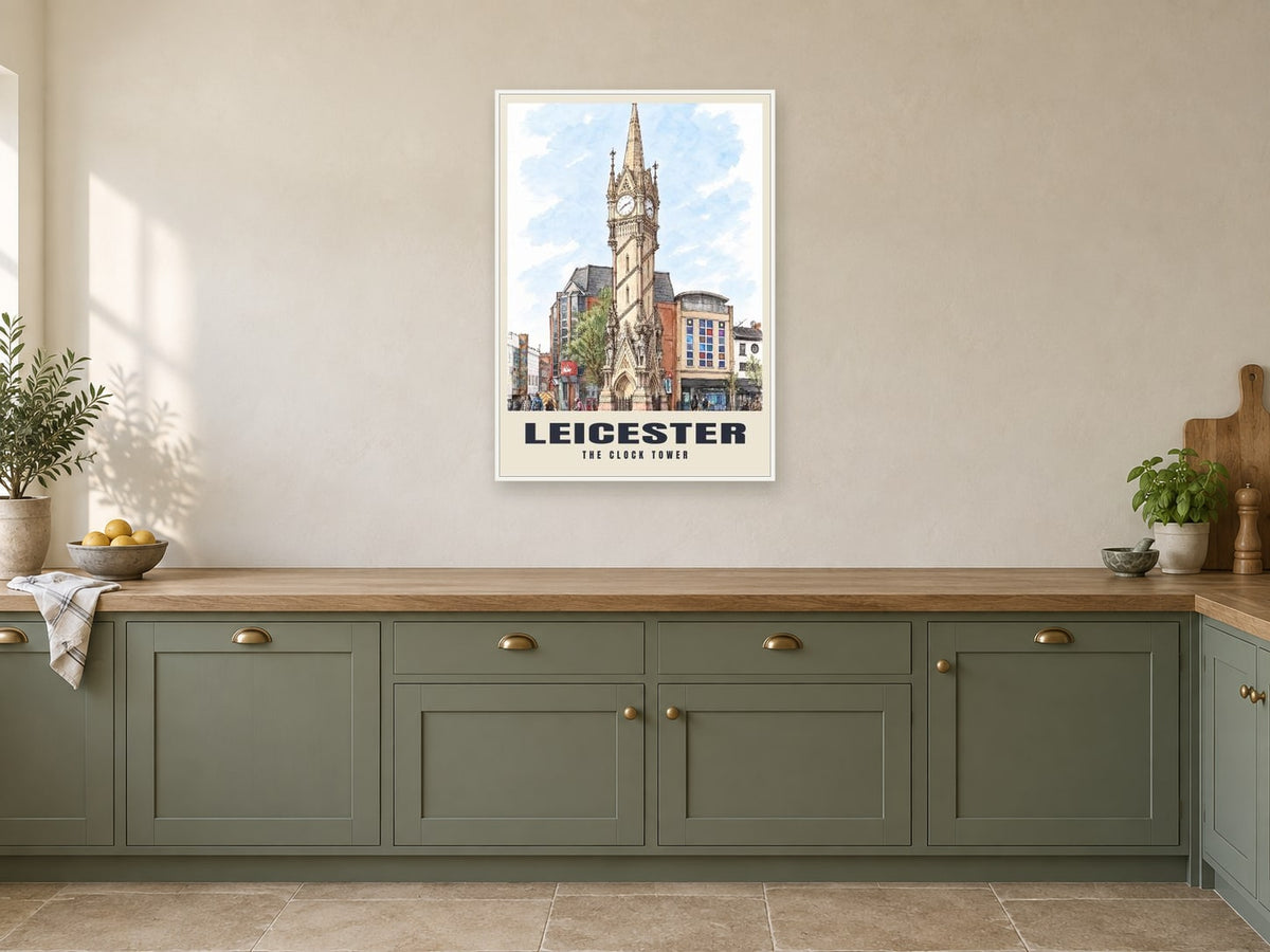 The Clock Tower, Leicester Poster at A1, in a white frame, in a kitchen