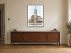 The Clock Tower, Leicester Poster at A1, in a black frame, above a sideboard