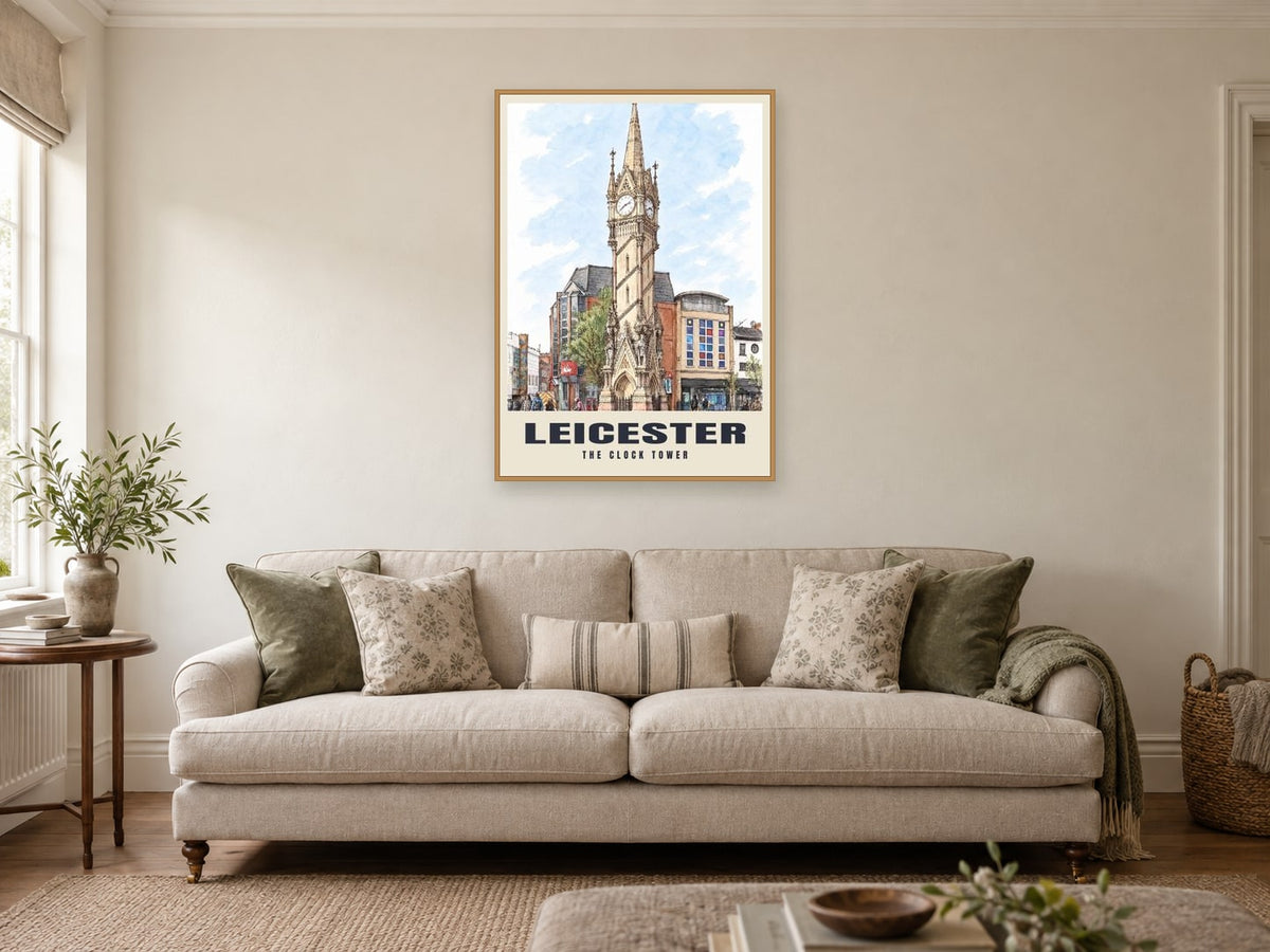 The Clock Tower, Leicester Poster at A1, in a natural wood frame, in a sitting room