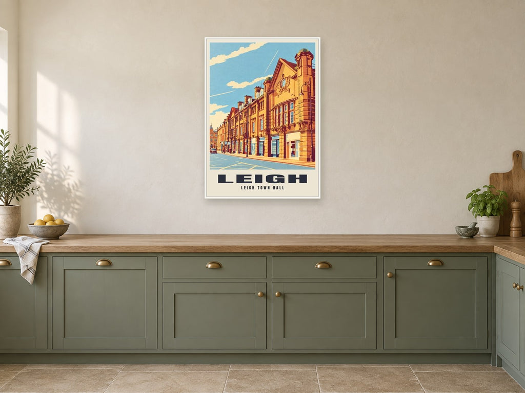 Leigh Town Hall Poster at A1, in a white frame, in a kitchen