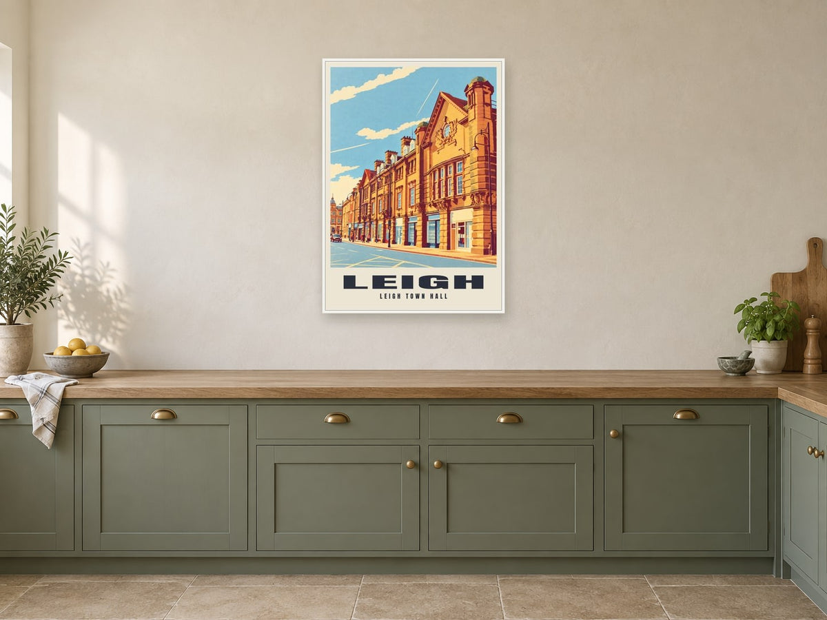 Leigh Town Hall Poster at A1, in a white frame, in a kitchen