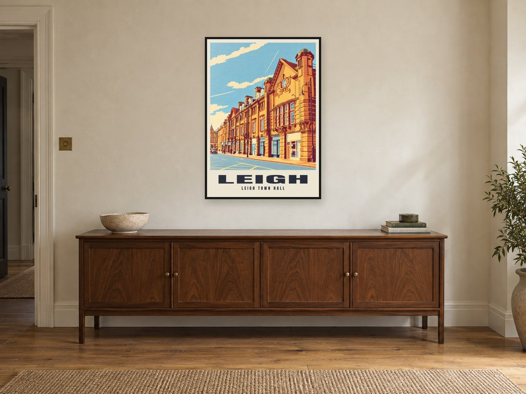 Leigh Town Hall Poster at A1, in a black frame, above a sideboard