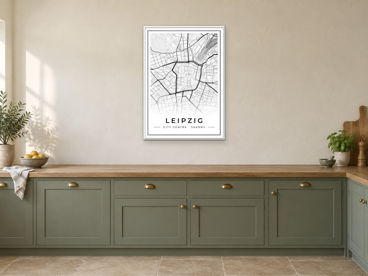Leipzig City Centre Street Map Poster at A1, in a white frame, in a kitchen
