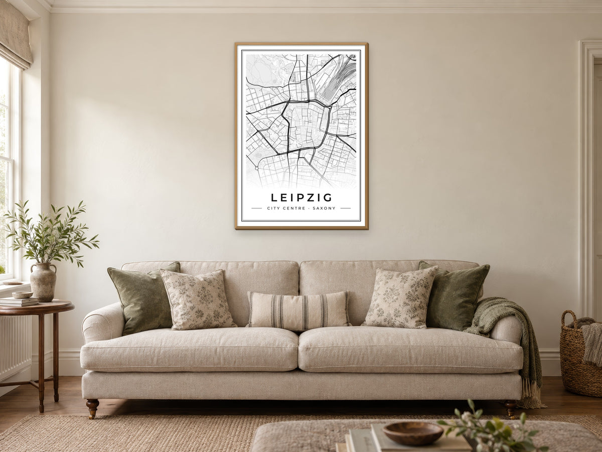 Leipzig City Centre Street Map Poster at A1, in a natural wood frame, in a sitting room
