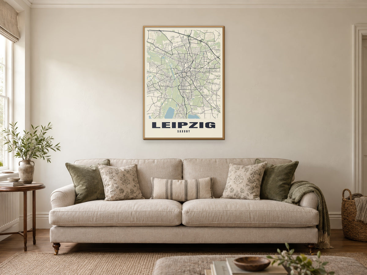 Leipzig Street Map Poster at A1, in a natural wood frame, in a sitting room
