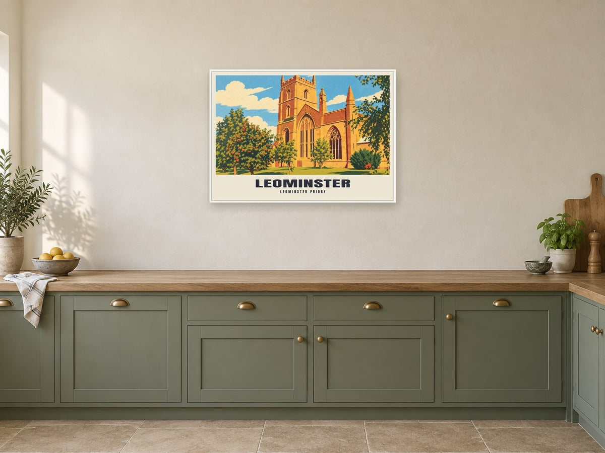 Leominster Priory Poster at A1, in a white frame, in a kitchen