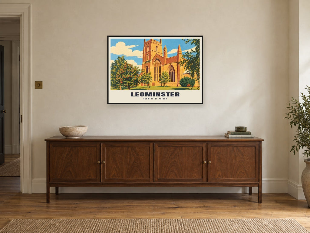Leominster Priory Poster at A1, in a black frame, above a sideboard