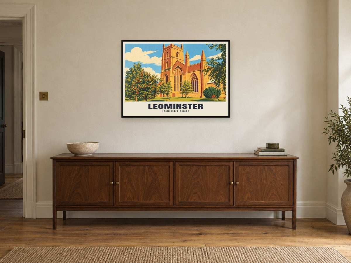 Leominster Priory Poster at A1, in a black frame, above a sideboard