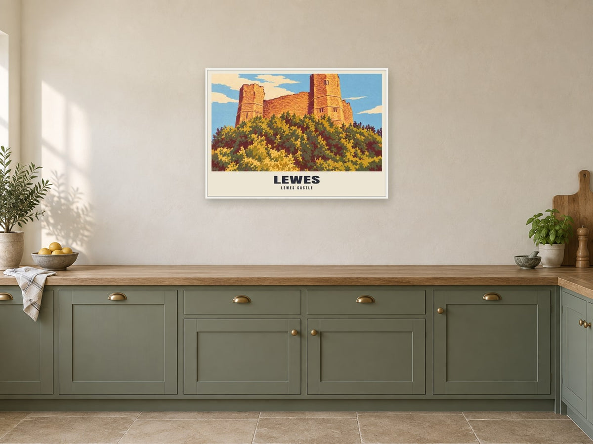 Lewes Castle Poster at A1, in a white frame, in a kitchen