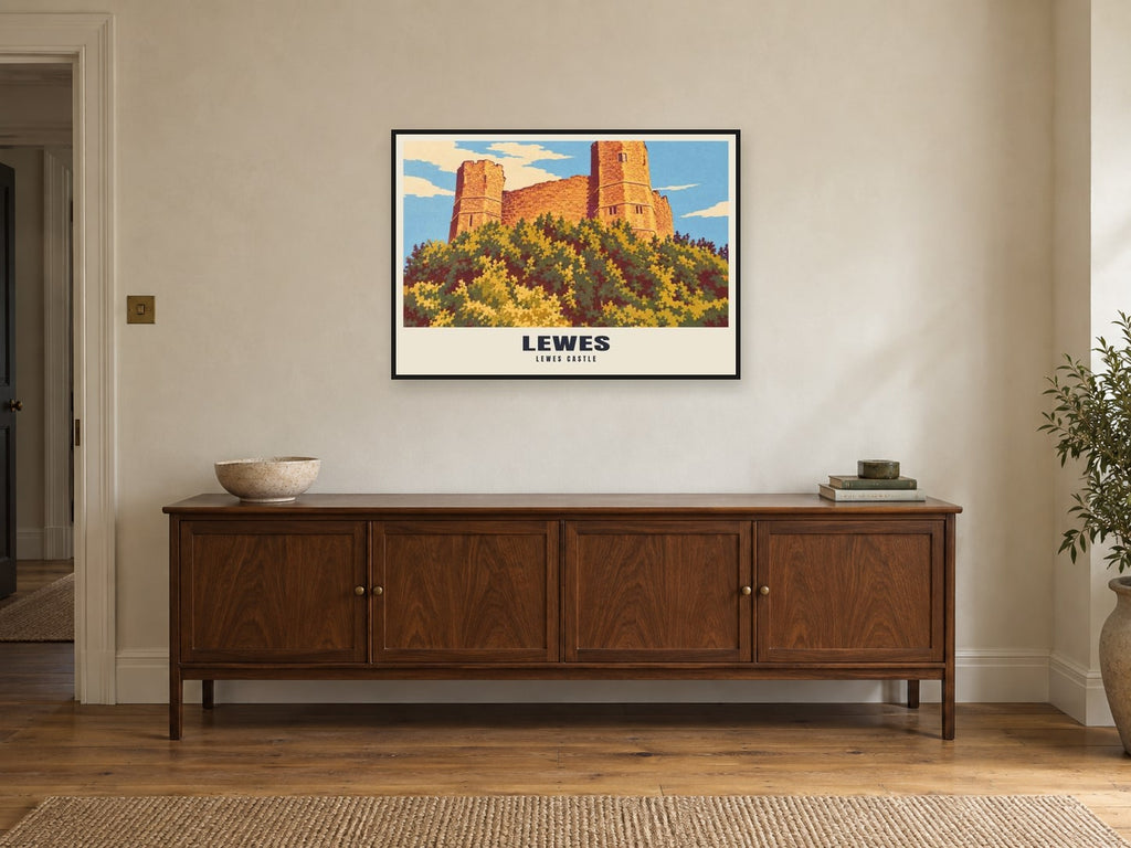 Lewes Castle Poster at A1, in a black frame, above a sideboard