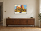 Lewes Castle Poster at A1, in a black frame, above a sideboard