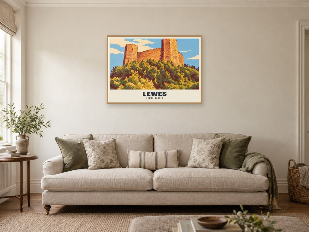 Lewes Castle Poster at A1, in a natural wood frame, in a sitting room