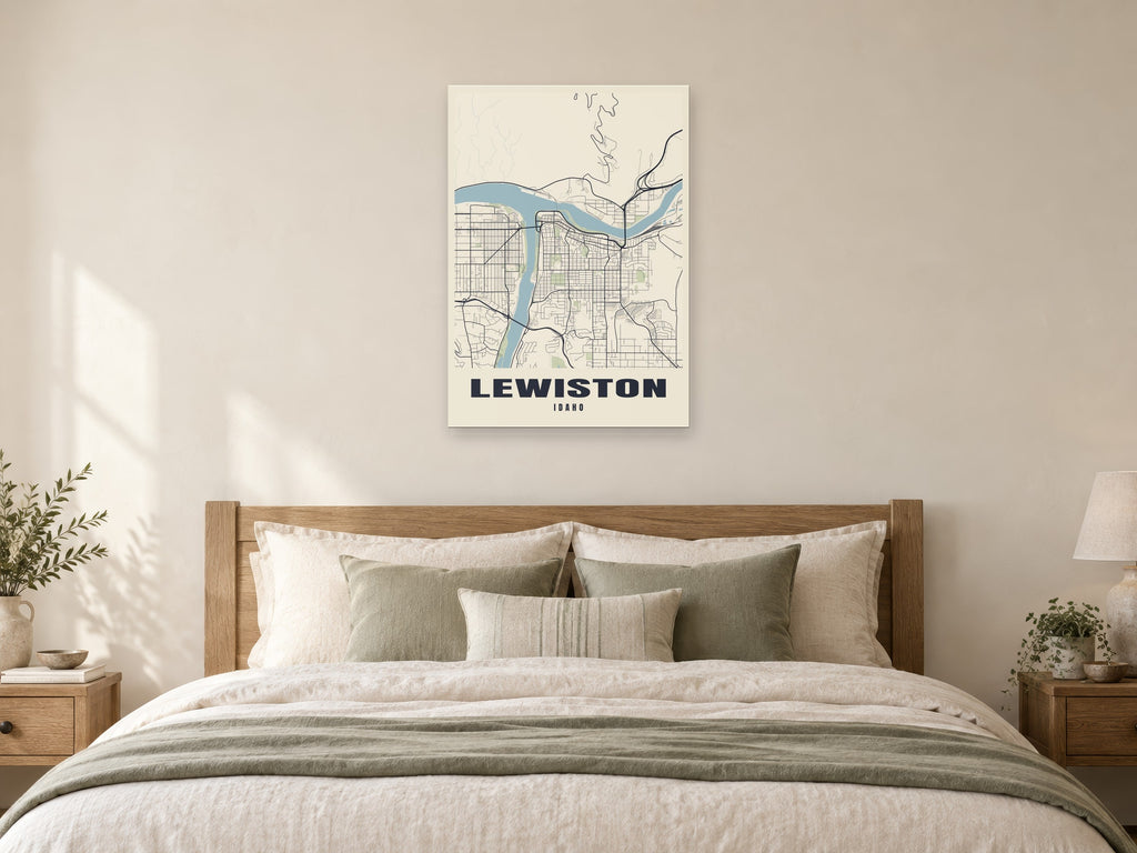 Lewiston Street Map Poster at A1, as a poster, above a bed