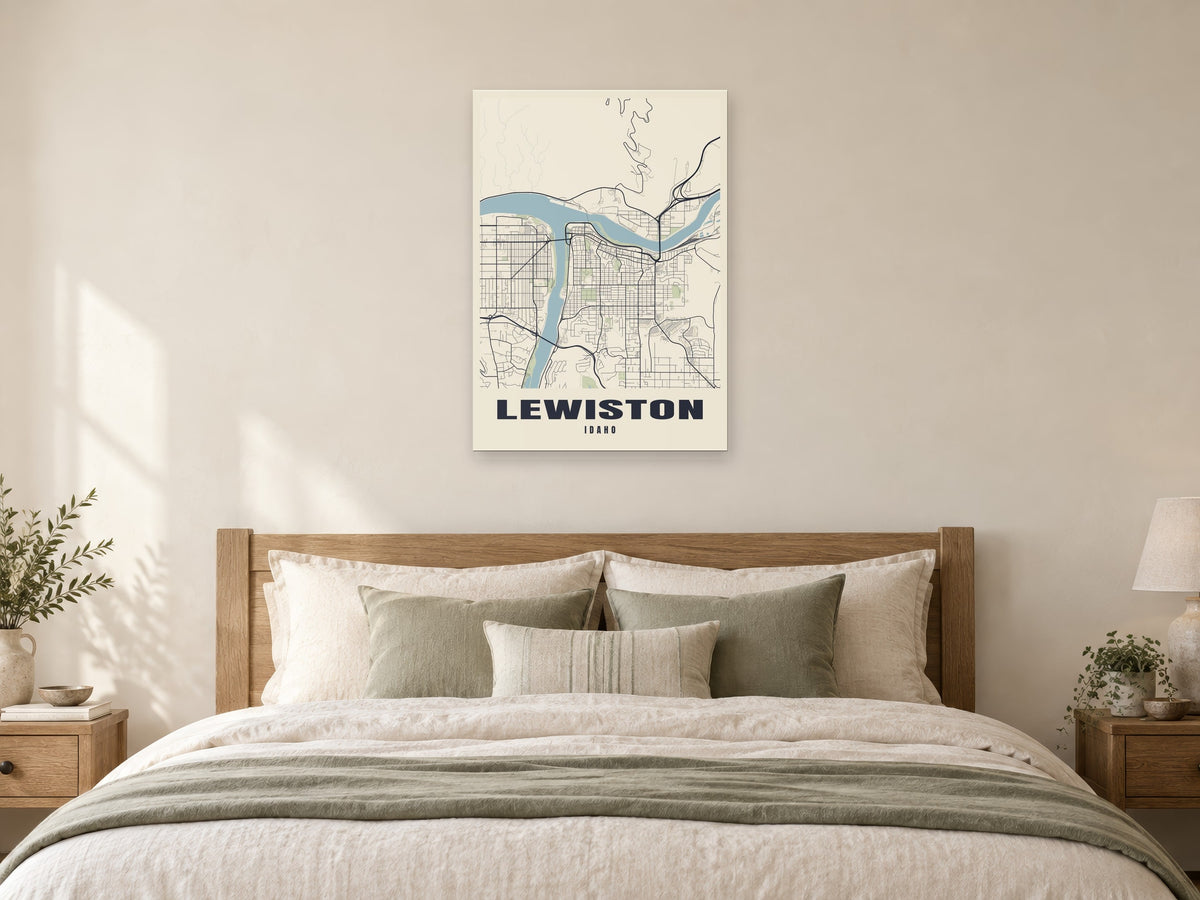 Lewiston Street Map Poster at A1, as a poster, above a bed