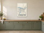 Lewiston Street Map Poster at A1, in a white frame, in a kitchen