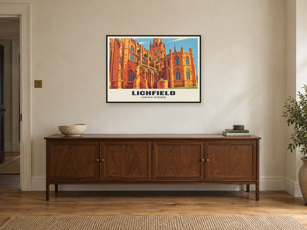 Lichfield Cathedral Poster at A1, in a black frame, above a sideboard