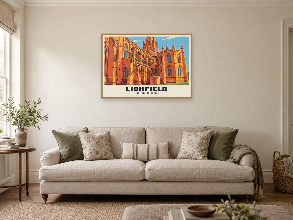 Lichfield Cathedral Poster at A1, in a natural wood frame, in a sitting room