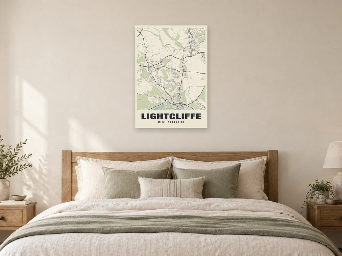 Lightcliffe Street Map Poster at A1, as a poster, above a bed