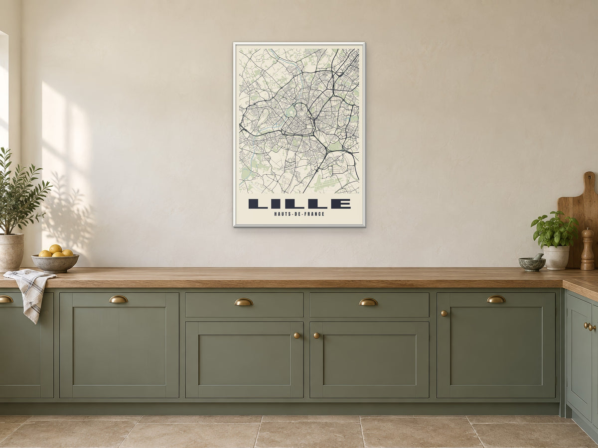 Lille Street Map Poster at A1, in a white frame, in a kitchen
