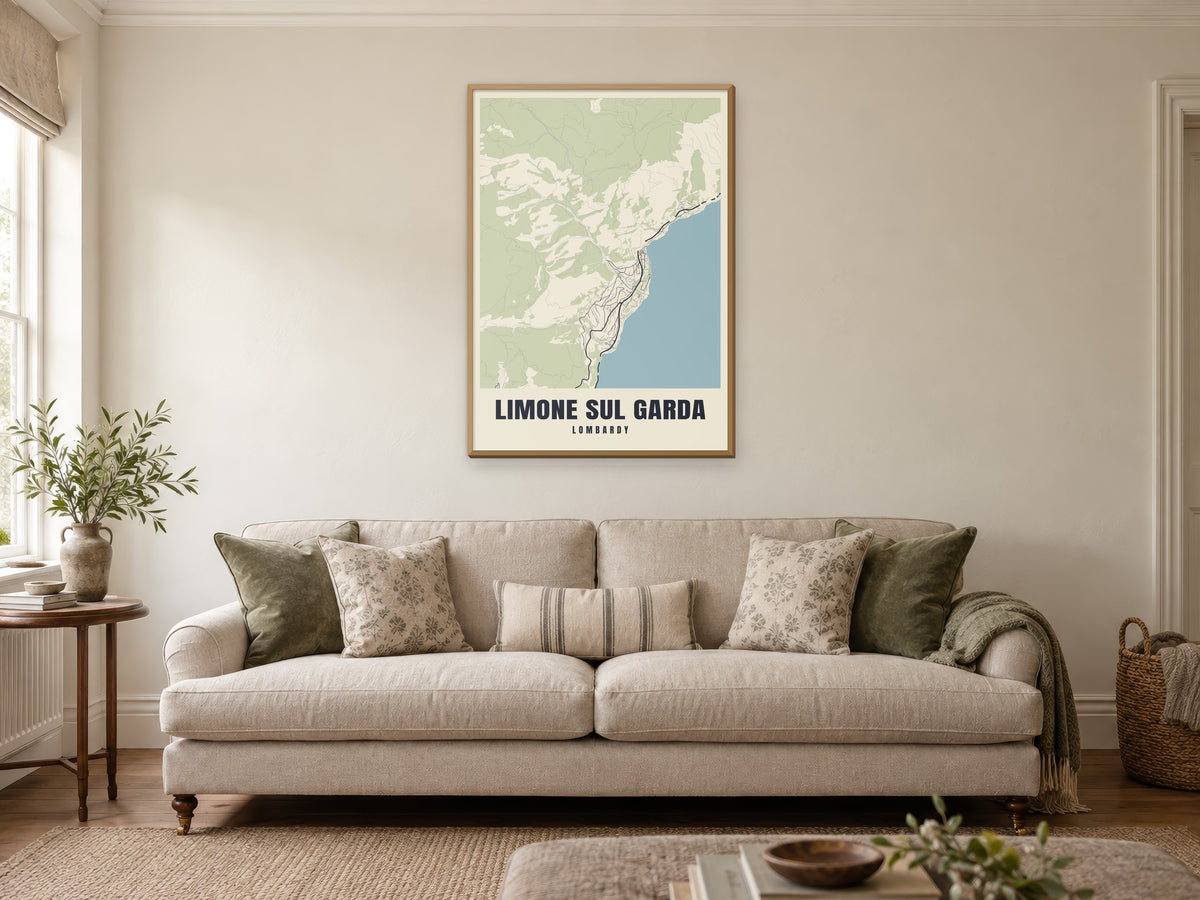 Limone sul Garda Street Map Poster at A1, in a natural wood frame, in a sitting room